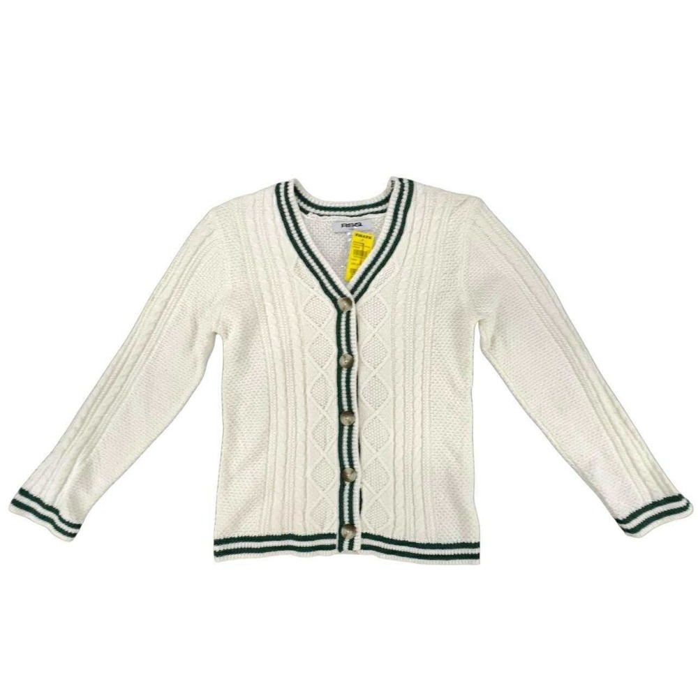 RSQ Cream Cable Knit Varsity‎ Cardigan Sweater V-Neck Green Stripe Size M NWT